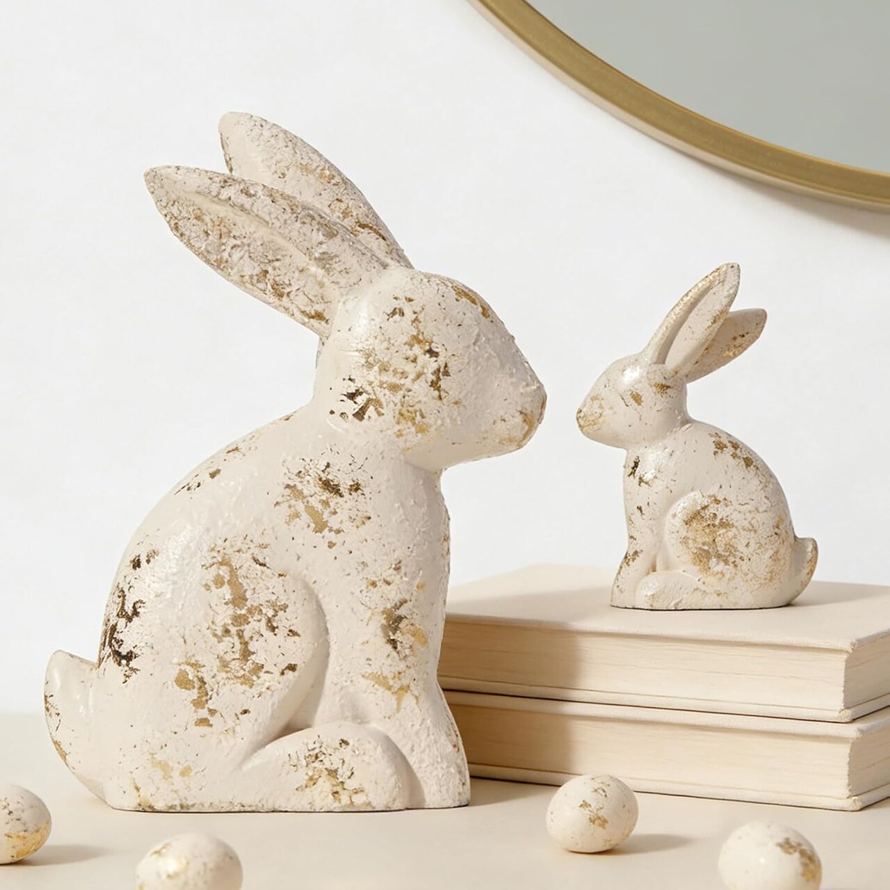 Set of 2 White & Gold Easter Bunny Figurines – Wabi Sabi Pressed Wood Rabbit Statues for Spring Tabletop, Farmhouse Shelf & Mantel Décor